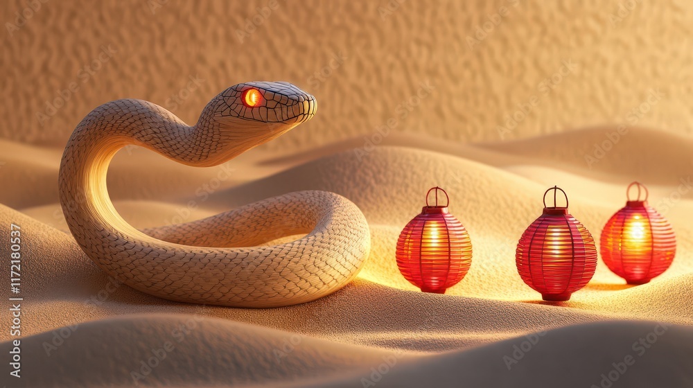 Fototapeta premium Desert Snake Coiled Near Illuminated Lanterns
