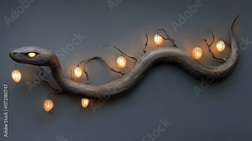 Serpentine wood sculpture with illuminated lanterns photo