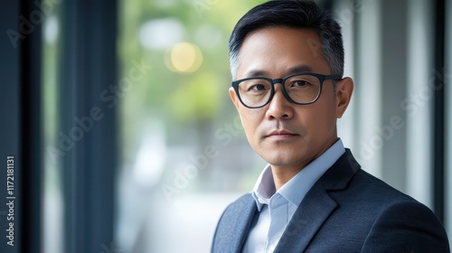 Portrait of a serious Asian businessman in glasses and a business suit  set against the backdrop of a modern office environment.