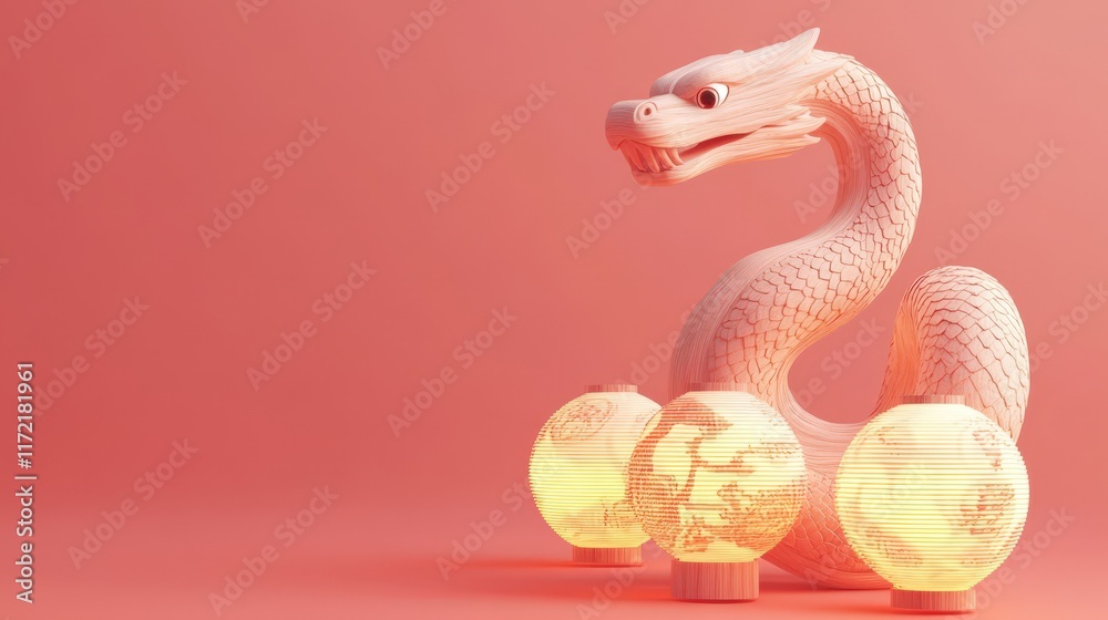 Fototapeta premium Wooden Dragon Sculpture with Illuminated Lanterns