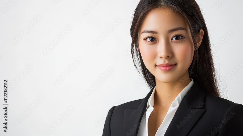 Portrait of a young Asian businesswoman against a white background. The image showcases her professional demeanor and youthful confidence, with a focus on her business attire and poise. Portrait of a young Asian businesswoman against a white background. The image showcases her professional demeanor and youthful confidence, with a focus on her business attire and poise.
