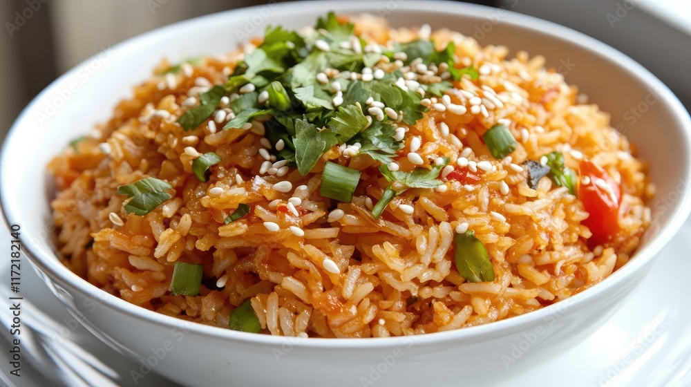 A bowl of Chinese steamed rice garnished with sesame seeds, placed on a clean white plate with copy space. A bowl of Chinese steamed rice garnished with sesame seeds, placed on a clean white plate with copy space.