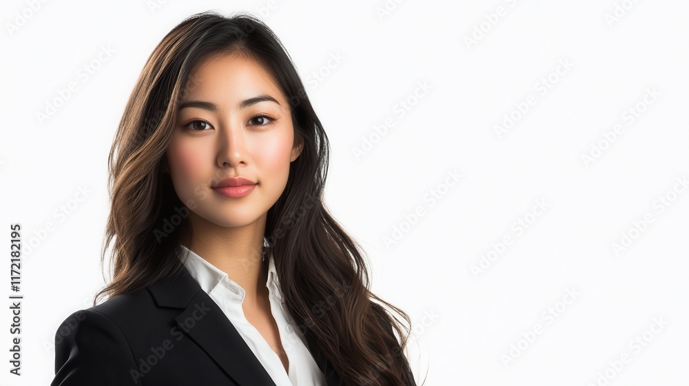Portrait of a young Asian businesswoman against a white background. The image showcases her professional demeanor and youthful confidence, with a focus on her business attire and poise. Portrait of a young Asian businesswoman against a white background. The image showcases her professional demeanor and youthful confidence, with a focus on her business attire and poise.