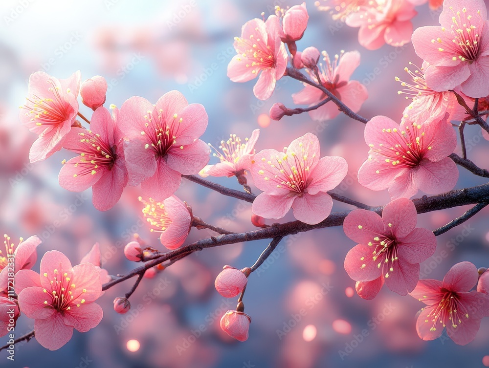Obraz premium A close-up of pink cherry blossoms on branches, evoking spring beauty.