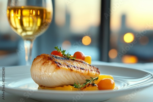 Grilled Fish Dish on Elegant Plate with Wine photo