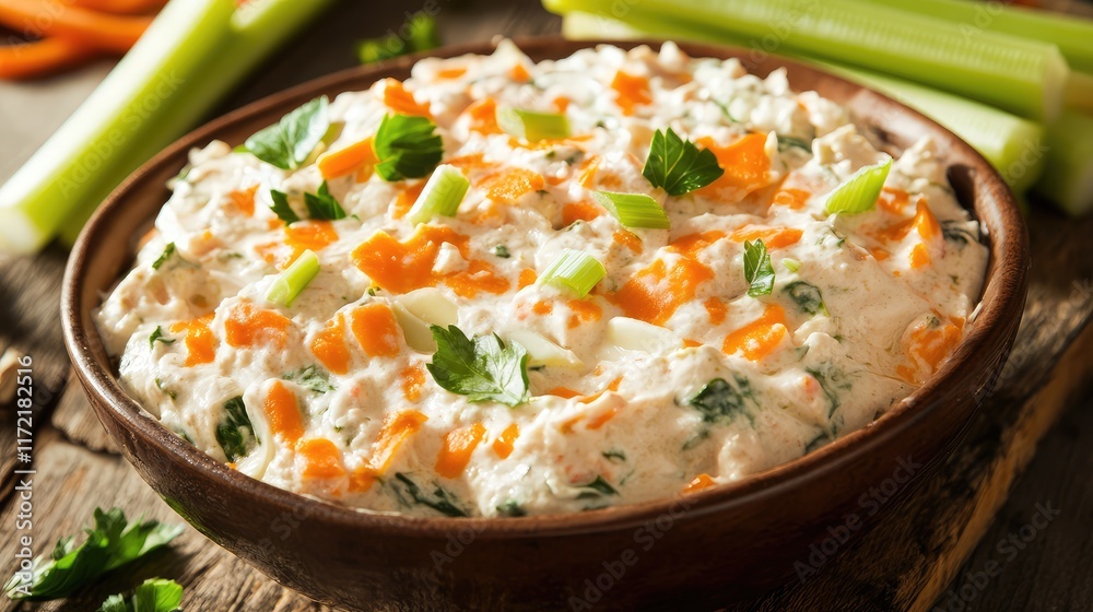 A bowl of creamy spinach and artichoke dip, served with fresh celery sticks on a rustic surface. A bowl of creamy spinach and artichoke dip, served with fresh celery sticks on a rustic surface.