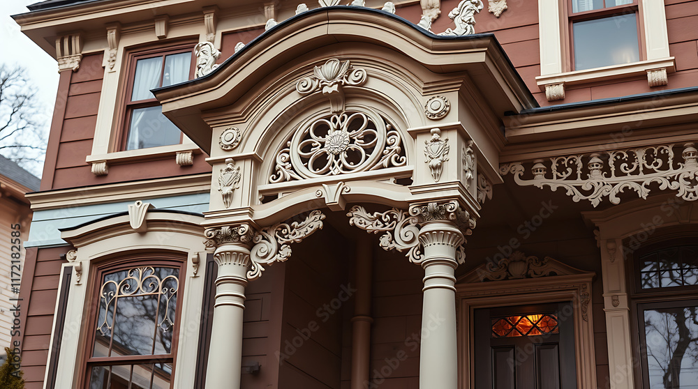 Obraz premium A detailed close-up of an ornate porch entryway on a reddish-brown Victorian-style house. The porch features elaborate carvings, columns, and a decorative window above the door.