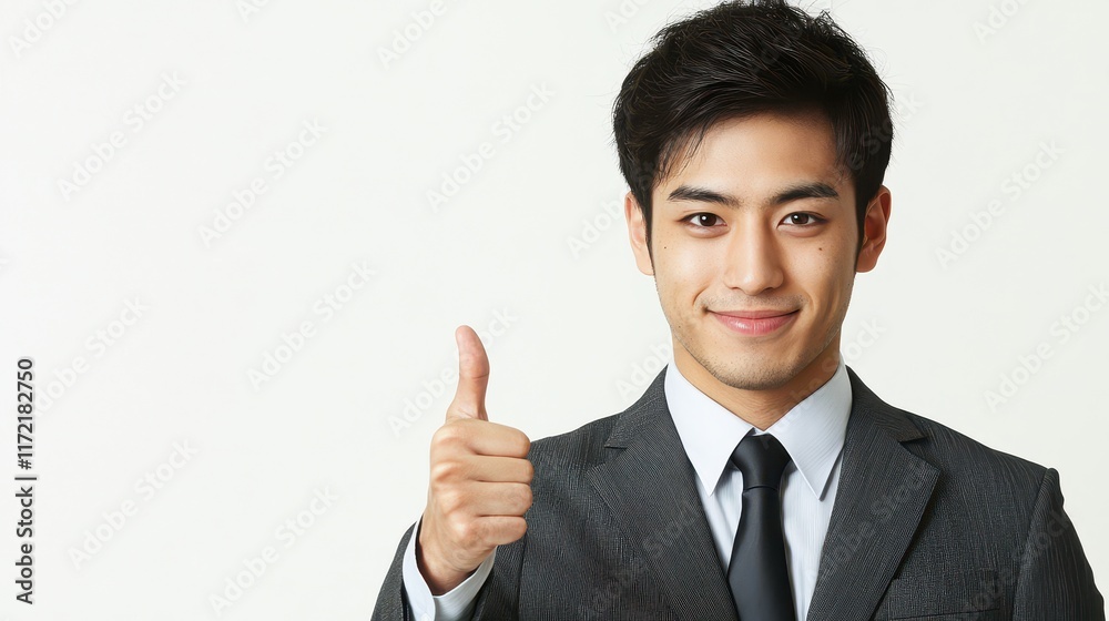 Portrait of a young Japanese businessman giving thumb up in formal wear, exuding confidence and professionalism. Portrait of a young Japanese businessman giving thumb up in formal wear, exuding confidence and professionalism.