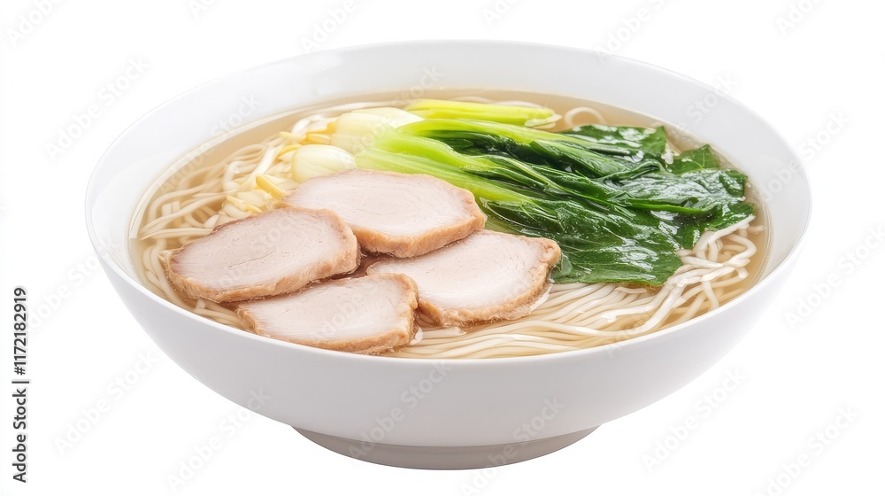 A bowl of rice noodles in a clear broth with sliced pork and bok choy, placed on a clean white surface. A bowl of rice noodles in a clear broth with sliced pork and bok choy, placed on a clean white surface.
