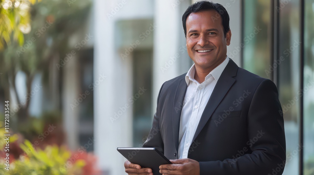 Confident Professional in Business Attire Using Tablet Outdoors Confident Professional in Business Attire Using Tablet Outdoors
