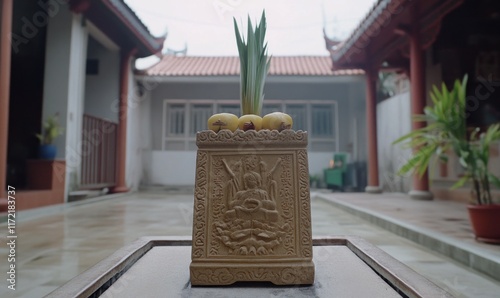 Courtyard Pineapple Offering, Asian Temple,  Spiritual Ceremony photo