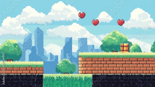 Retro 8-bit pixel art game interface background, evoking nostalgia with its classic video game aesthetics. photo