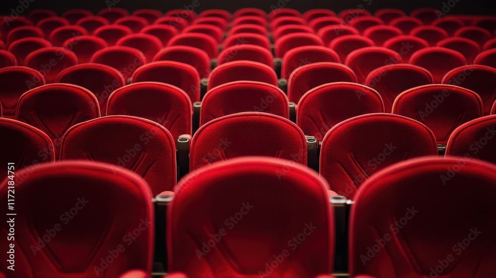 Obraz premium Rows of red cinema or theatre seats arranged neatly against a plain background, evoking a sense of anticipation and readiness for a performance or film.
