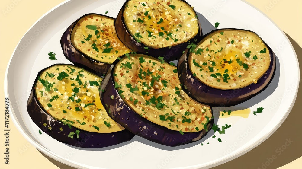 A clean white plate of roasted eggplant slices topped with garlic and olive oil, placed on a pastel background. A clean white plate of roasted eggplant slices topped with garlic and olive oil, placed on a pastel background.