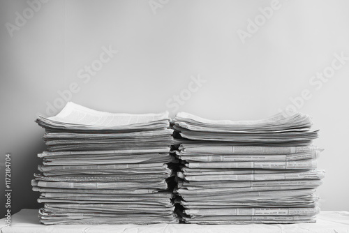 Stack of newspapers on a table with colorful headlines and images, casting shadows under soft natural light. photo