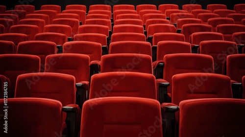 Rows of red cinema or theatre seats arranged neatly against a plain background, evoking a sense of anticipation and readiness for a performance or film.