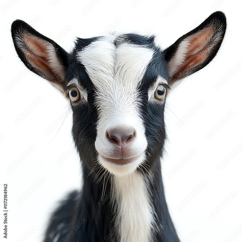 Cute baby goat portrait, farm animal, white background, idyllic scene, perfect for children's books. Cute baby goat portrait, farm animal, white background, idyllic scene, perfect for children's books.