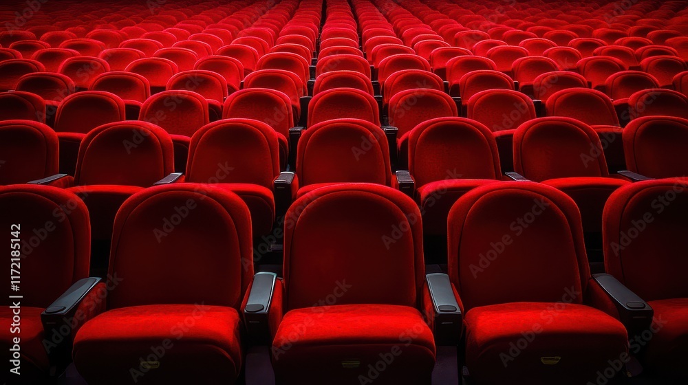 Naklejka premium Rows of red cinema or theatre seats arranged neatly against a plain background, evoking a sense of anticipation and readiness for a performance or film.