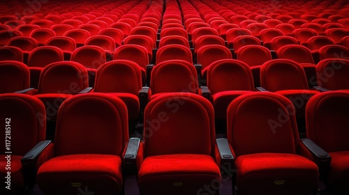 Rows of red cinema or theatre seats arranged neatly against a plain background, evoking a sense of anticipation and readiness for a performance or film. photo