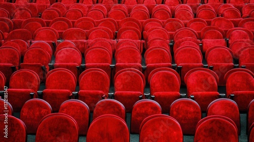 Rows of red cinema or theatre seats arranged neatly against a plain background, evoking a sense of anticipation and readiness for a performance or film. photo