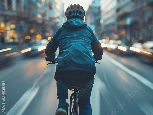 Cycling a young boy ridding on city road photography ai generated