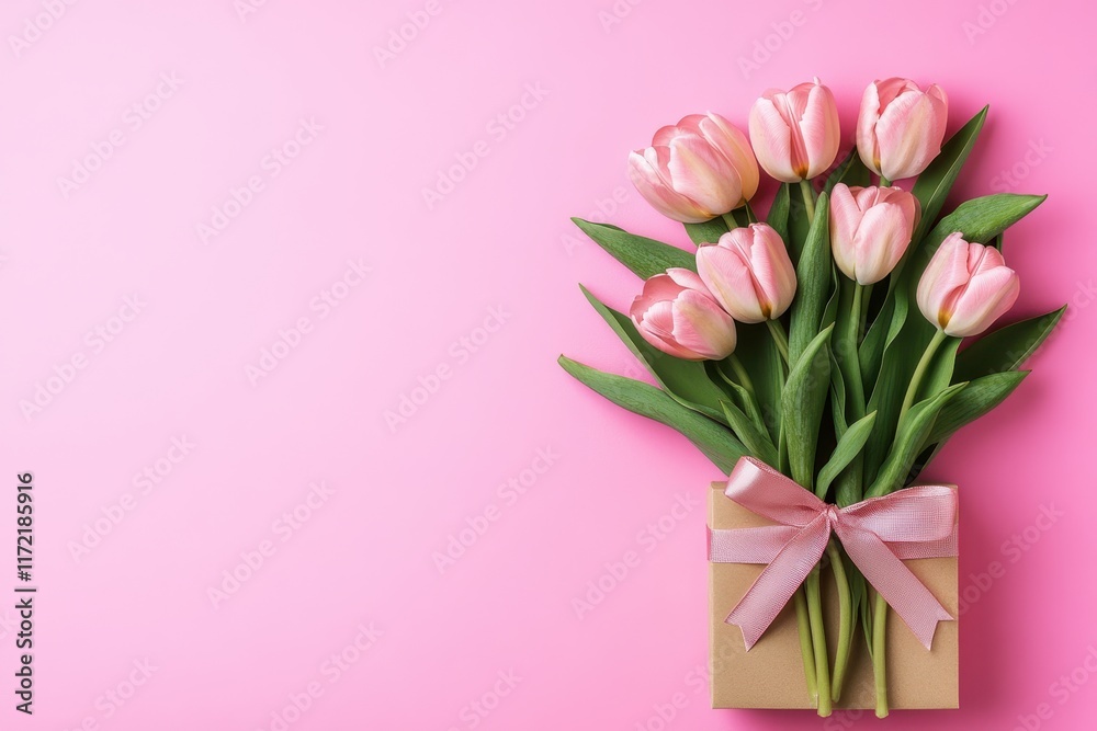 A charming bouquet of pink tulips tied with a delicate bow, set against a soft pink backdrop, radiates love and warmth for Valentine's Day. A charming bouquet of pink tulips tied with a delicate bow, set against a soft pink backdrop, radiates love and warmth for Valentine's Day.