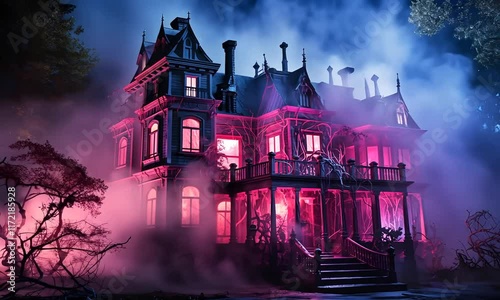 A spooky mansion enveloped in mist and illuminated with eerie pink and purple lights, creating a haunting atmosphere. Perfect for Halloween themes or horror settings. photo