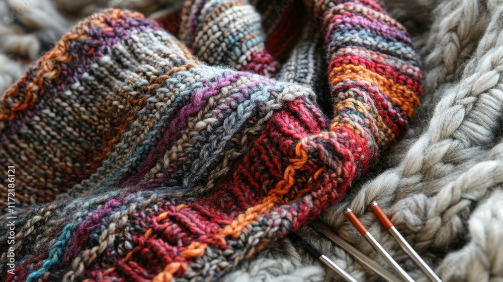 An overhead shot of a partially knitted scarf with soft, textured yarn, neatly arranged knitting needles, and a cozy workspace, highlighting the craft of scarf making. An overhead shot of a partially knitted scarf with soft, textured yarn, neatly arranged knitting needles, and a cozy workspace, highlighting the craft of scarf making.