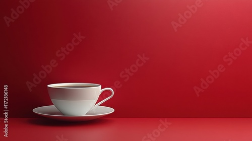Minimalistic White Coffee Cup on a Simple Red Background, Featuring a Smooth Surface that Highlights the Elegance of Beverage Presentation and Color Contrast
