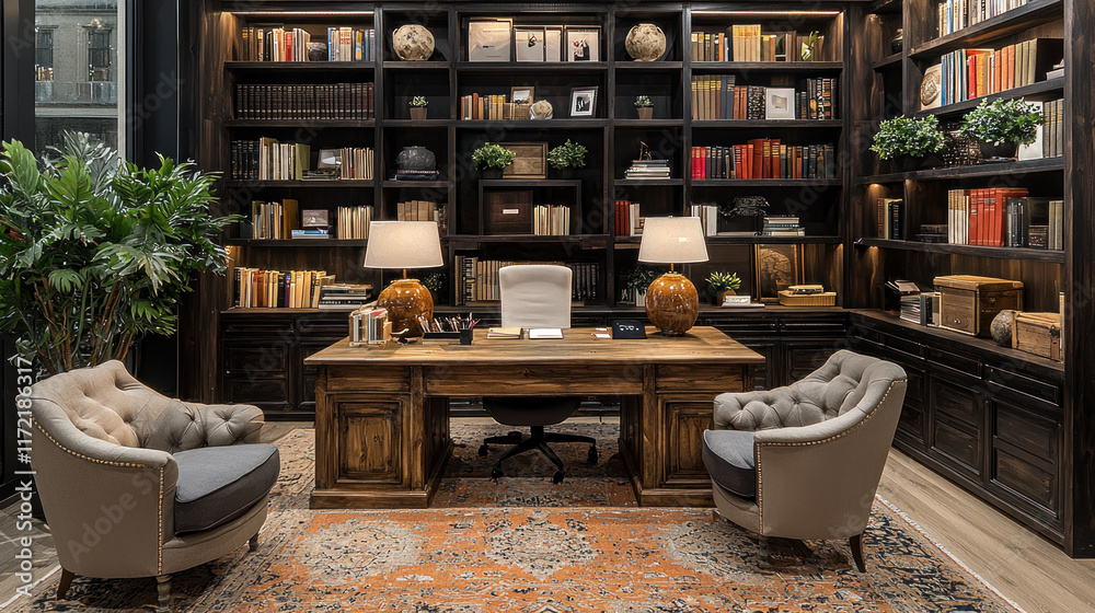 Fototapeta premium Home office interior with desk, chairs, bookshelves, and city view