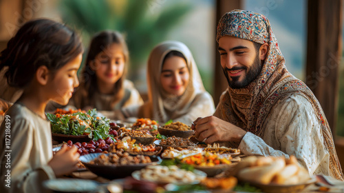 A Muslim family enjoying a traditional Ramadan fast breaking together indoors, sharing joyful moments photo