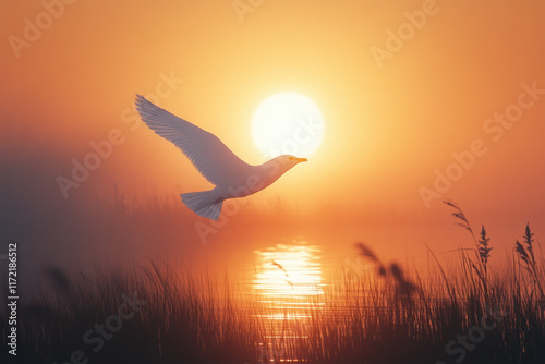 Bird soaring gracefully above sparkling water, framed by a clear blue sky, a peaceful and serene scene capturing the beauty of nature. photo