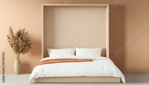 home decor minimalism. Murphy bed with a light oak frame and storage compartments, paired with bedding in neutral beige and soft coral tones photo