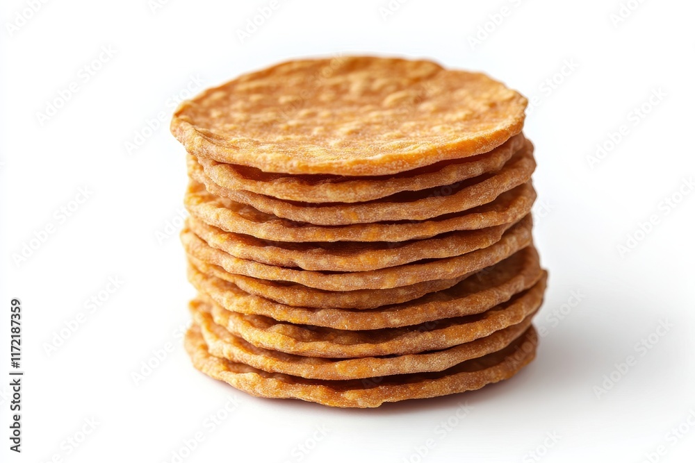 A stack of thin, round, light brown crackers. Perfect for food blogs, recipe sites, and packaging. A stack of thin, round, light brown crackers. Perfect for food blogs, recipe sites, and packaging.