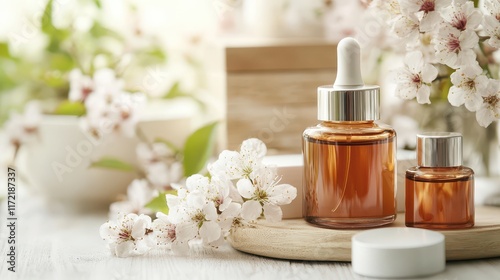 Skin care beauty and perfume products highlight self-care routines and healthy skin practices, creating a calm and luxurious atmosphere that promotes natural beauty and well-being. photo