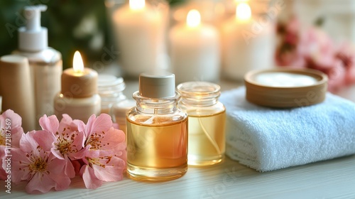 Skin care beauty and perfume products highlight self-care routines and healthy skin practices, creating a calm and luxurious atmosphere that promotes natural beauty and well-being. photo
