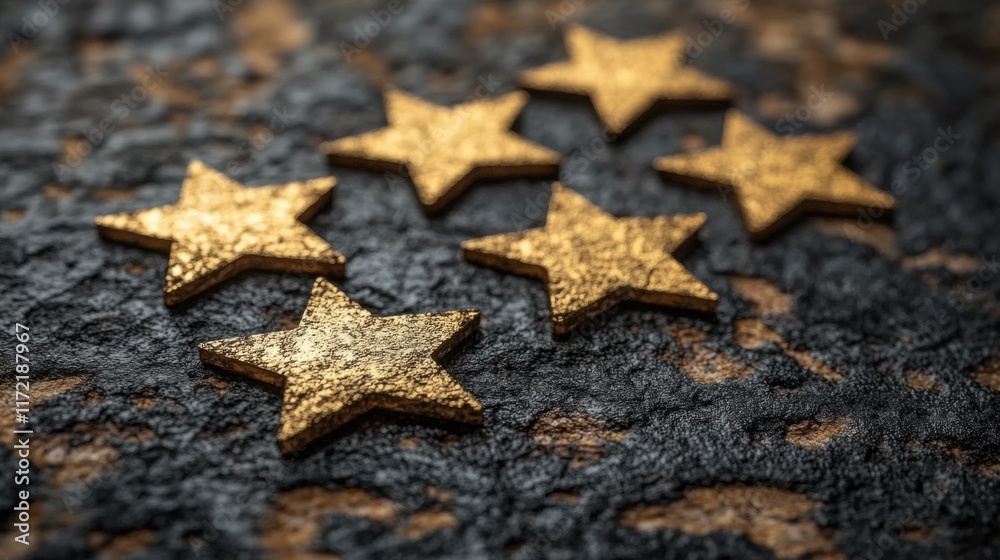 Golden Stars Arranged on Textured Dark Surface, Symbolizing Achievement, Excellence, Awards, or Recognition in Creative and Elegant Presentation Golden Stars Arranged on Textured Dark Surface, Symbolizing Achievement, Excellence, Awards, or Recognition in Creative and Elegant Presentation