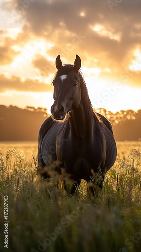 Majestic black horse sunset field