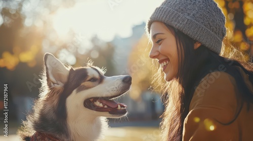 Smiling woman enjoying joyful moments with her happy dog in a sunny park, highlighting the fun and friendship of outdoor life. photo