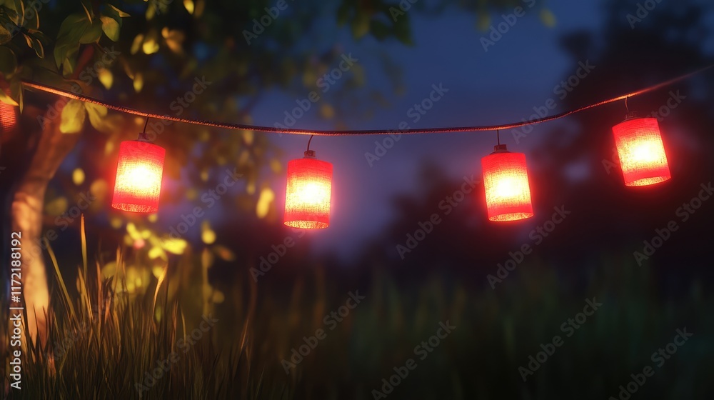 A glowing string of red lanterns displayed in a serene outdoor setting during a Chinese New Year celebration, creating a festive atmosphere with ample copy space. A glowing string of red lanterns displayed in a serene outdoor setting during a Chinese New Year celebration, creating a festive atmosphere with ample copy space.