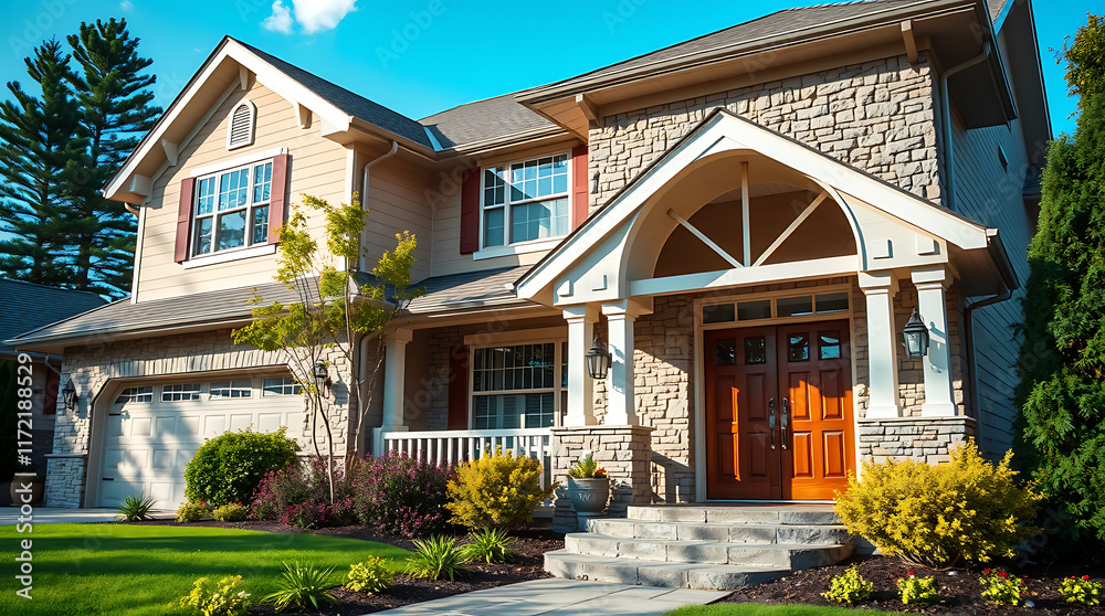 Obraz premium Two-Story House with Stone Facade and Landscaping