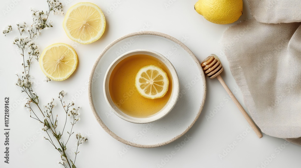 A minimalist flat lay of herbal teas, honey, and lemon slices on a clean ceramic plate, symbolizing health and wellness, with negative space. A minimalist flat lay of herbal teas, honey, and lemon slices on a clean ceramic plate, symbolizing health and wellness, with negative space.