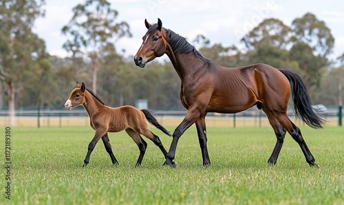 Mare and foal walk pasture, farm background; equestrian stock