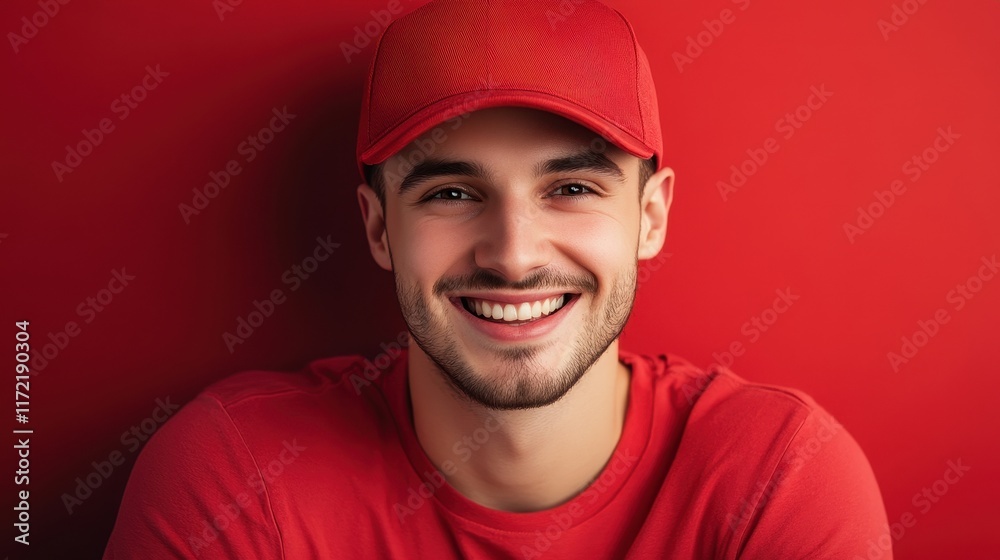 Man wearing blank red cap mockup on red background Man wearing blank red cap mockup on red background