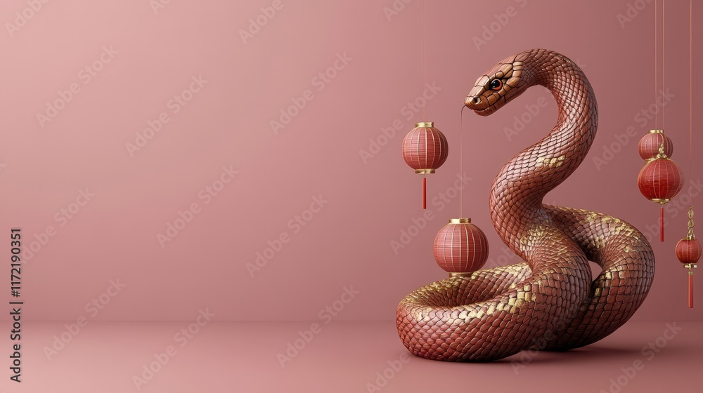 Obraz premium Coiled Brown Snake with Red Chinese Lanterns