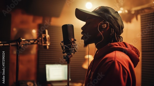 The image portrays an African American rapper confidently performing in front of a microphone in a recording studio.