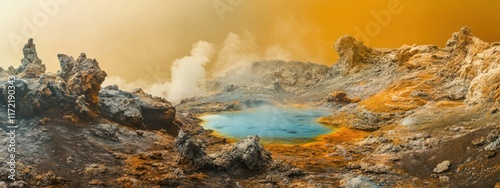 A surreal image of the Danakil Depression in Ethiopia, with bubbling lava lakes and colorful mineral formations under a swirling sulfuric haze, Danakil Depression volcanic scene photo