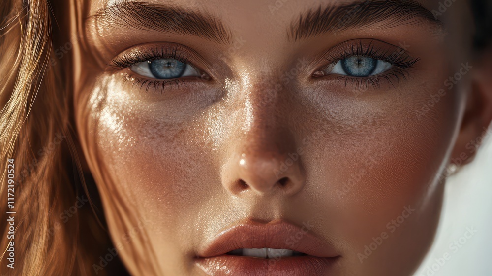 The image showcases a close-up of a female model's face with flawless, radiant skin. The image showcases a close-up of a female model's face with flawless, radiant skin.