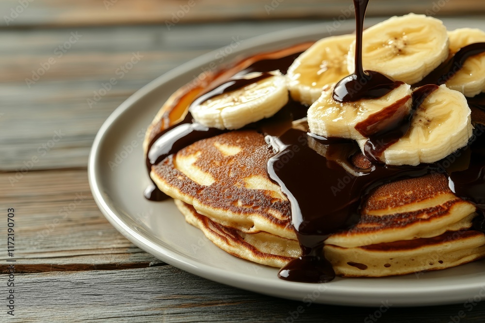 Pancakes with Chocolate Sauce and Sliced Bananas Pancakes with Chocolate Sauce and Sliced Bananas