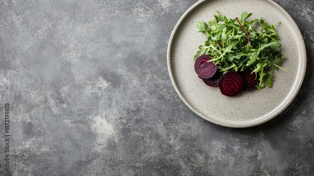 A serene arrangement of colorful roasted beet slices with fresh arugula, placed on a clean ceramic plate with ample copy space. A serene arrangement of colorful roasted beet slices with fresh arugula, placed on a clean ceramic plate with ample copy space.